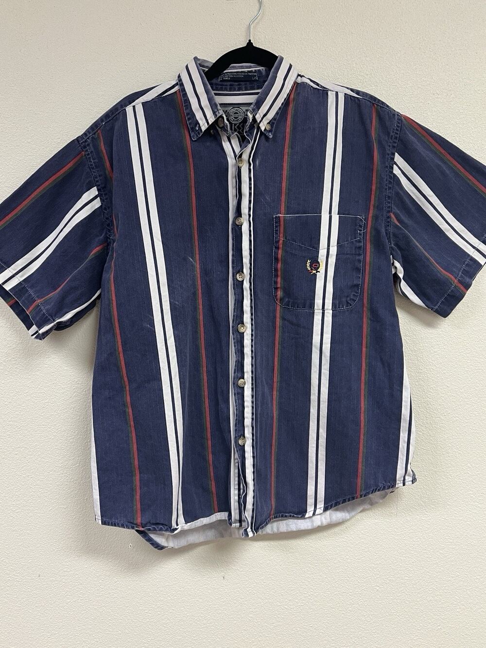 Vintage 90s Coliseum Striped Shirt Mens L Large Blue Short Sleeve Y2K Preppy